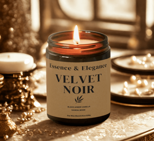 Velvet Noir Candle – Amber, Sandalwood & Sweet Musk | Elegant Scented Candle in Amber Jar - Essence & Elegance