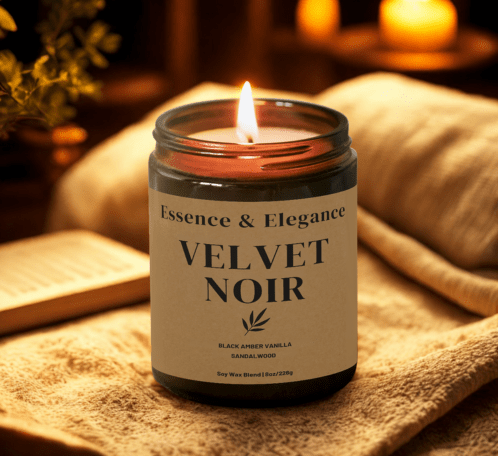 Velvet Noir Candle – Amber, Sandalwood & Sweet Musk | Elegant Scented Candle in Amber Jar - Essence & Elegance