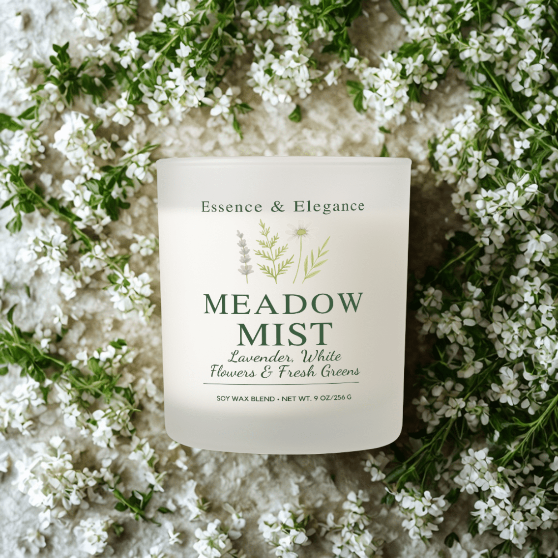 Meadow Mist Candle – Fresh & Floral Scented Jar, Spring Decor, Relaxation Gift, Nature-Inspired Home Fragrance - Essence & Elegance