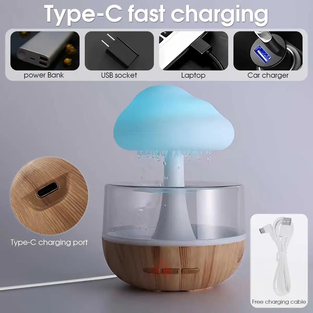 Mushroom Rain‑Cloud Humidifier, Raindrop Aroma Diffuser & 7‑Color LED Night Lamp - Essence & Elegance