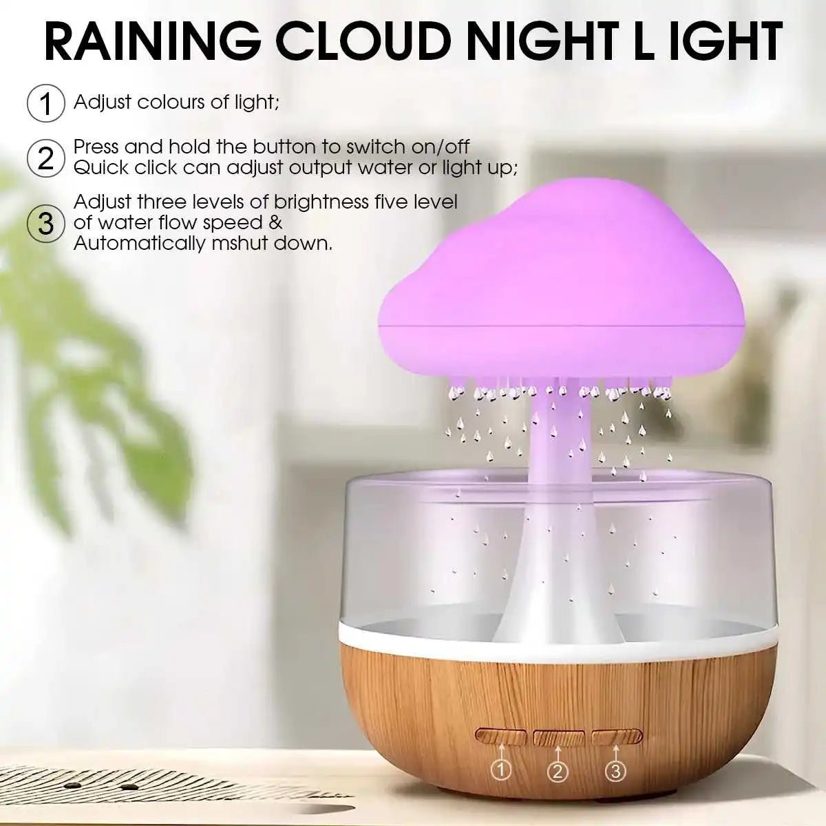 Mushroom Rain‑Cloud Humidifier, Raindrop Aroma Diffuser & 7‑Color LED Night Lamp - Essence & Elegance