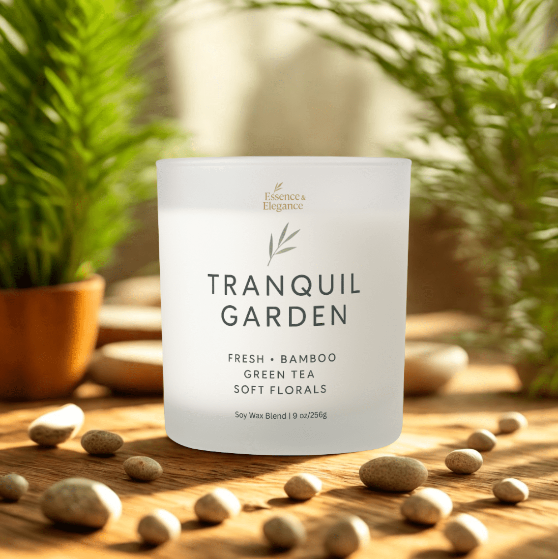 Tranquil Garden Candle – Bamboo, Green Tea & Soft Florals 9 oz - Essence & Elegance