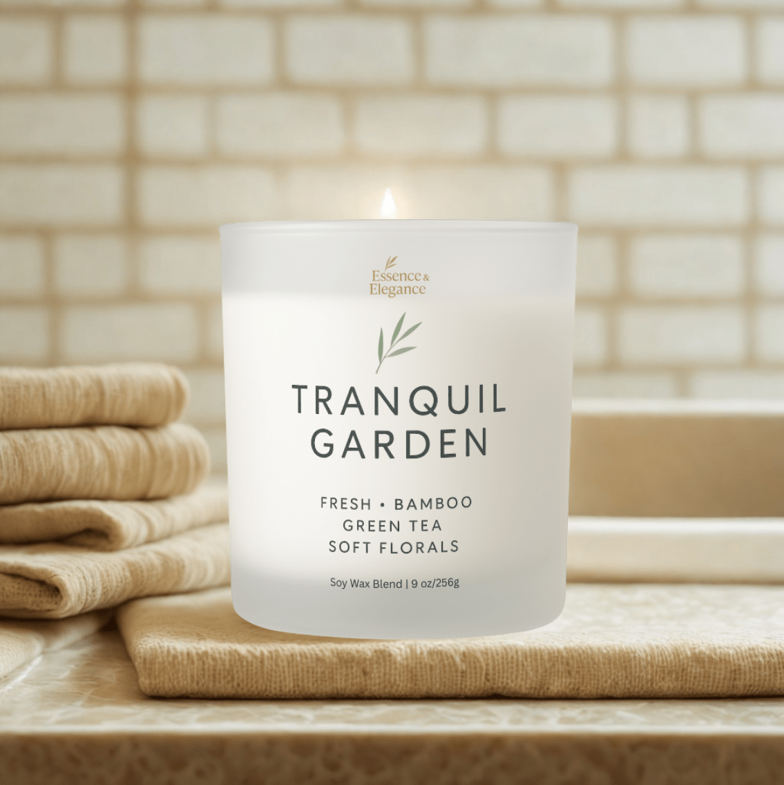 Tranquil Garden Candle – Bamboo, Green Tea & Soft Florals 9 oz - Essence & Elegance