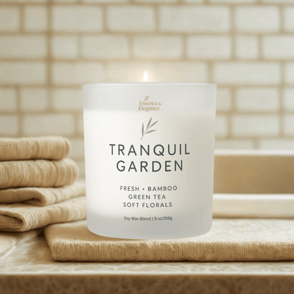 Tranquil Garden Candle – Bamboo, Green Tea & Soft Florals 9 oz - Essence & Elegance