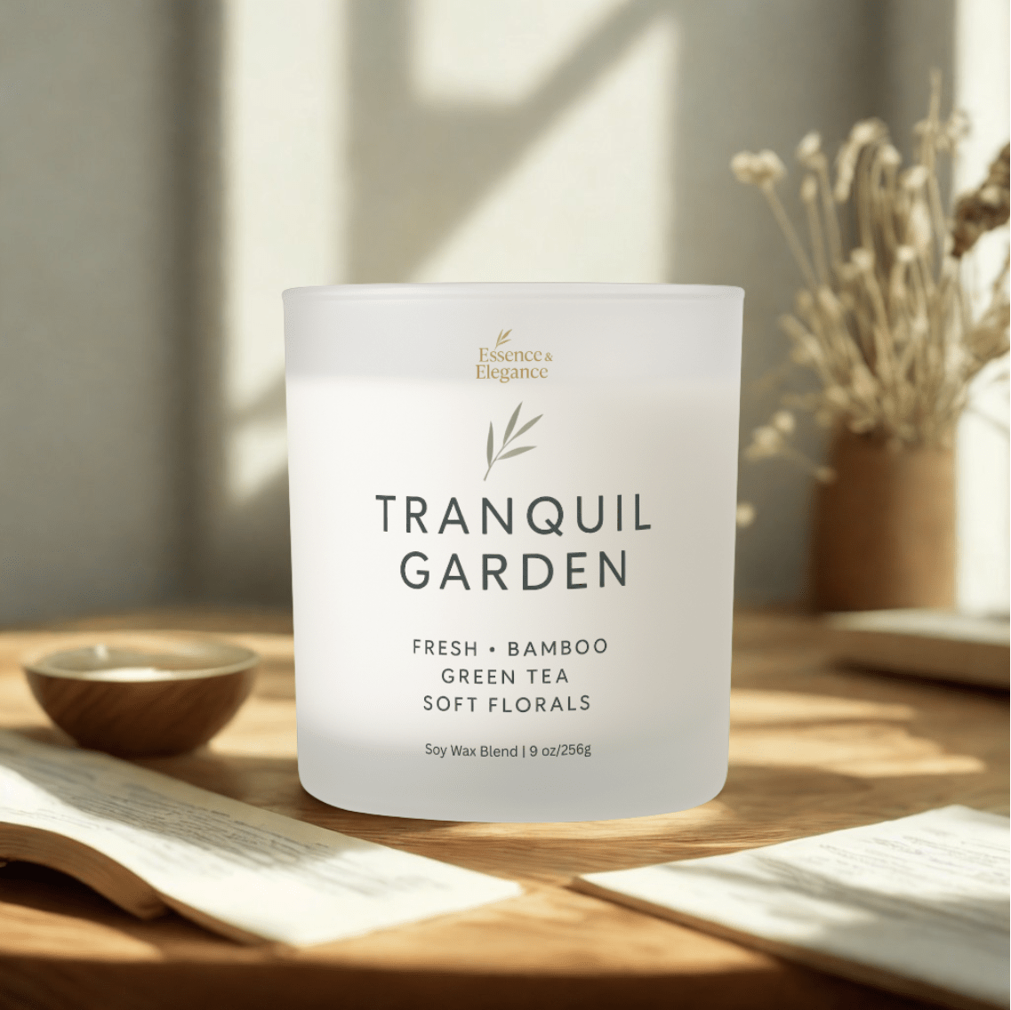 Tranquil Garden Candle – Bamboo, Green Tea & Soft Florals 9 oz - Essence & Elegance