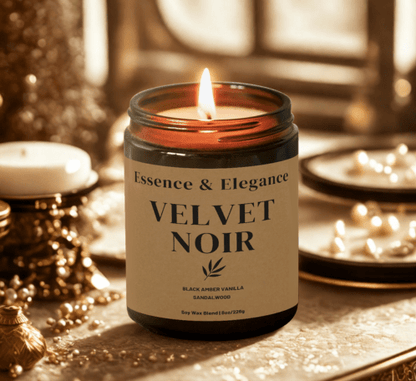 Velvet Noir Candle – Amber, Sandalwood & Sweet Musk | Elegant Scented Candle in Amber Jar - Essence & Elegance