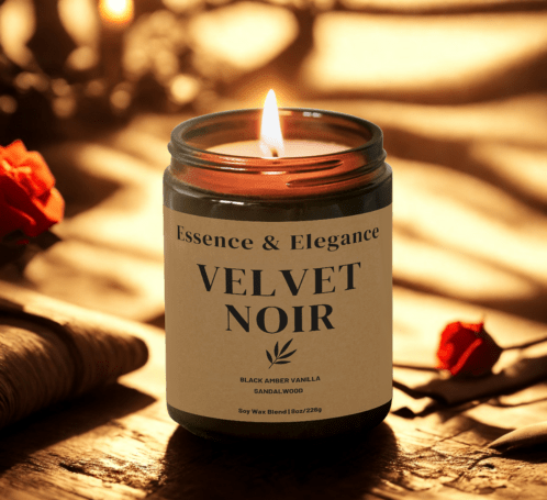 Velvet Noir Candle – Amber, Sandalwood & Sweet Musk | Elegant Scented Candle in Amber Jar - Essence & Elegance